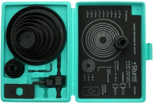 5440202 Коронки по дереву набор 15ед d=19/22/29/32/38/44/51/64/76/89/102/127мм, кейс, Sturm!