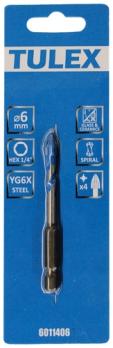 Сверло TULEX 6011406 по кафелю, керамике, стеклу, с пылеудалением, 4 реж. лезвия, 6-гр. хв. 1/4, 6мм